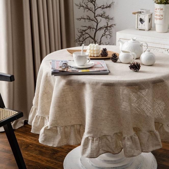 【HUAHUA】日式素色圓形桌巾 荷葉邊滌麻桌布 麻本色桌布 圓形餐桌布 亞麻家用桌布-細節圖7