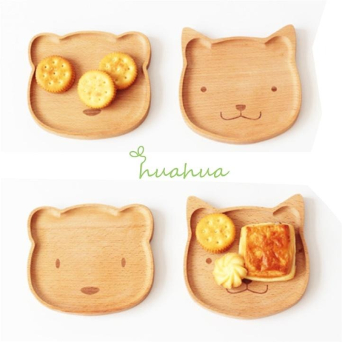 【HUAHUA】貓咪 小熊 實木餐盤 卡通托盤 木盤子 點心碟木碟 卡通果盤 原木盤