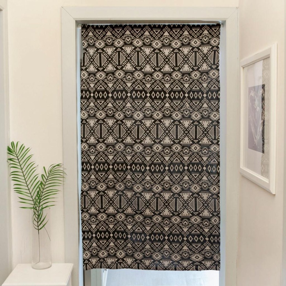【HUAHUA】黑色徽章門簾 幾何圖形提花門簾 美式鄉村風門簾 簡約廚房半簾 咖啡館餐廳棉麻門簾  (不含桿子) 成品-細節圖2