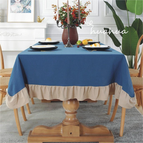 【HUAHUA】歐式桌布 荷葉邊桌布 茶幾布 莫蘭迪藍 可水洗桌布 藍咖拼色棉麻餐桌巾 長方形桌巾