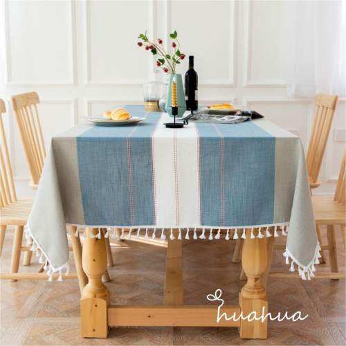 【HUAHUA】(二色可選)萊茵棉麻韓風桌巾 簡約拼色條紋餐桌布 百搭流蘇裝飾檯布 多用途防塵蓋巾