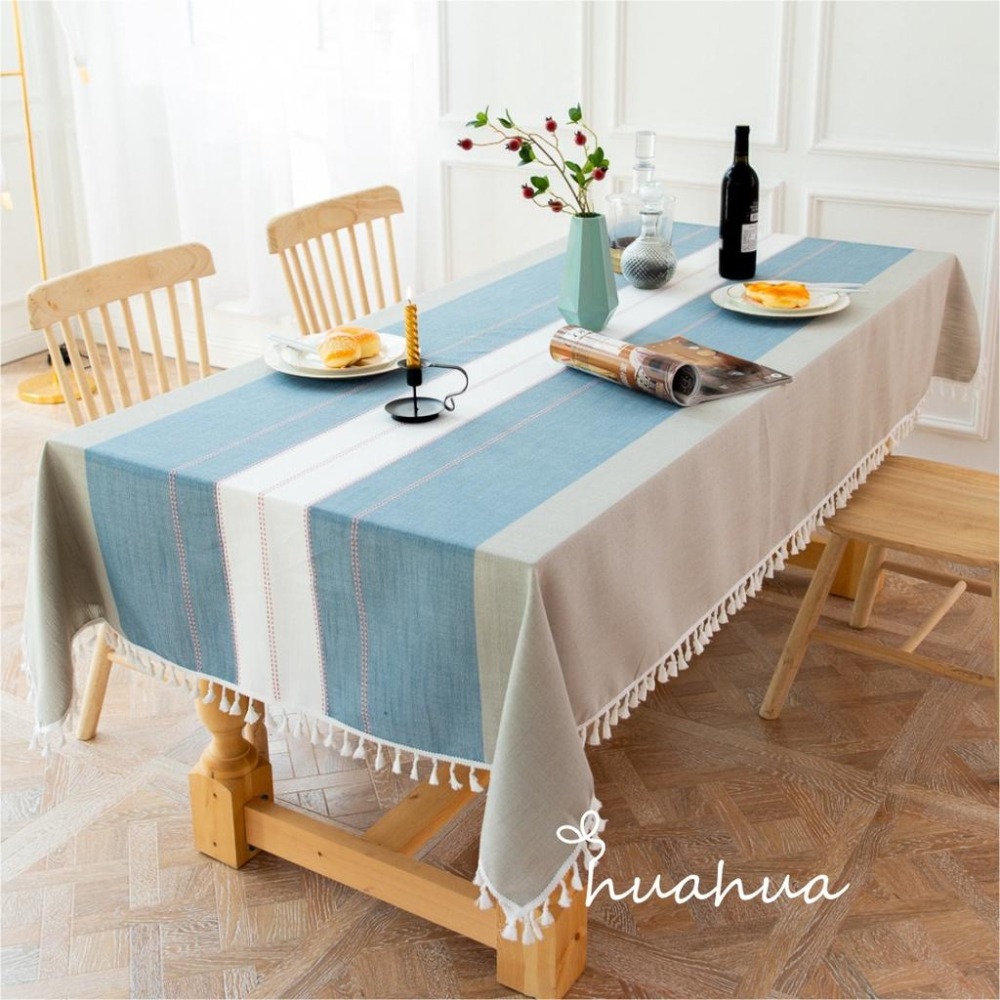 【HUAHUA】(二色可選)萊茵棉麻韓風桌巾  簡約拼色條紋餐桌布 百搭流蘇裝飾檯布 多用途防塵蓋巾-細節圖4