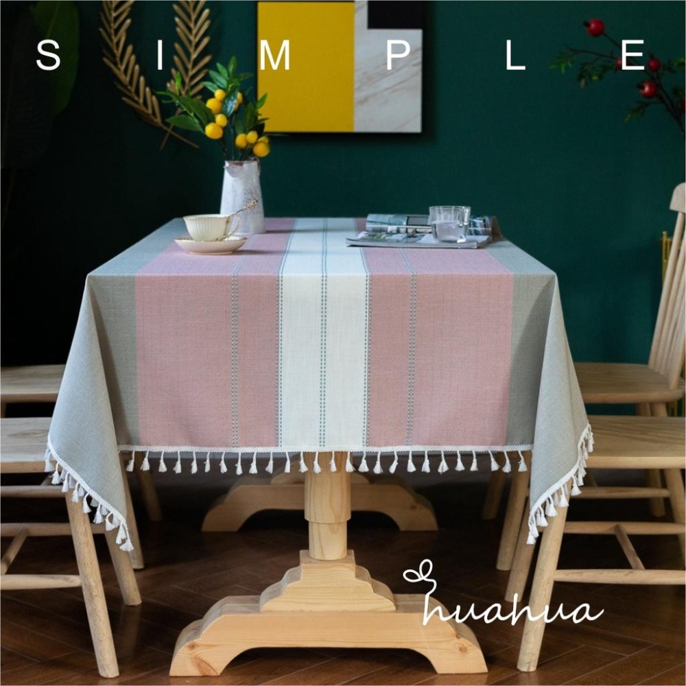 【HUAHUA】(二色可選)萊茵棉麻韓風桌巾  簡約拼色條紋餐桌布 百搭流蘇裝飾檯布 多用途防塵蓋巾-細節圖6