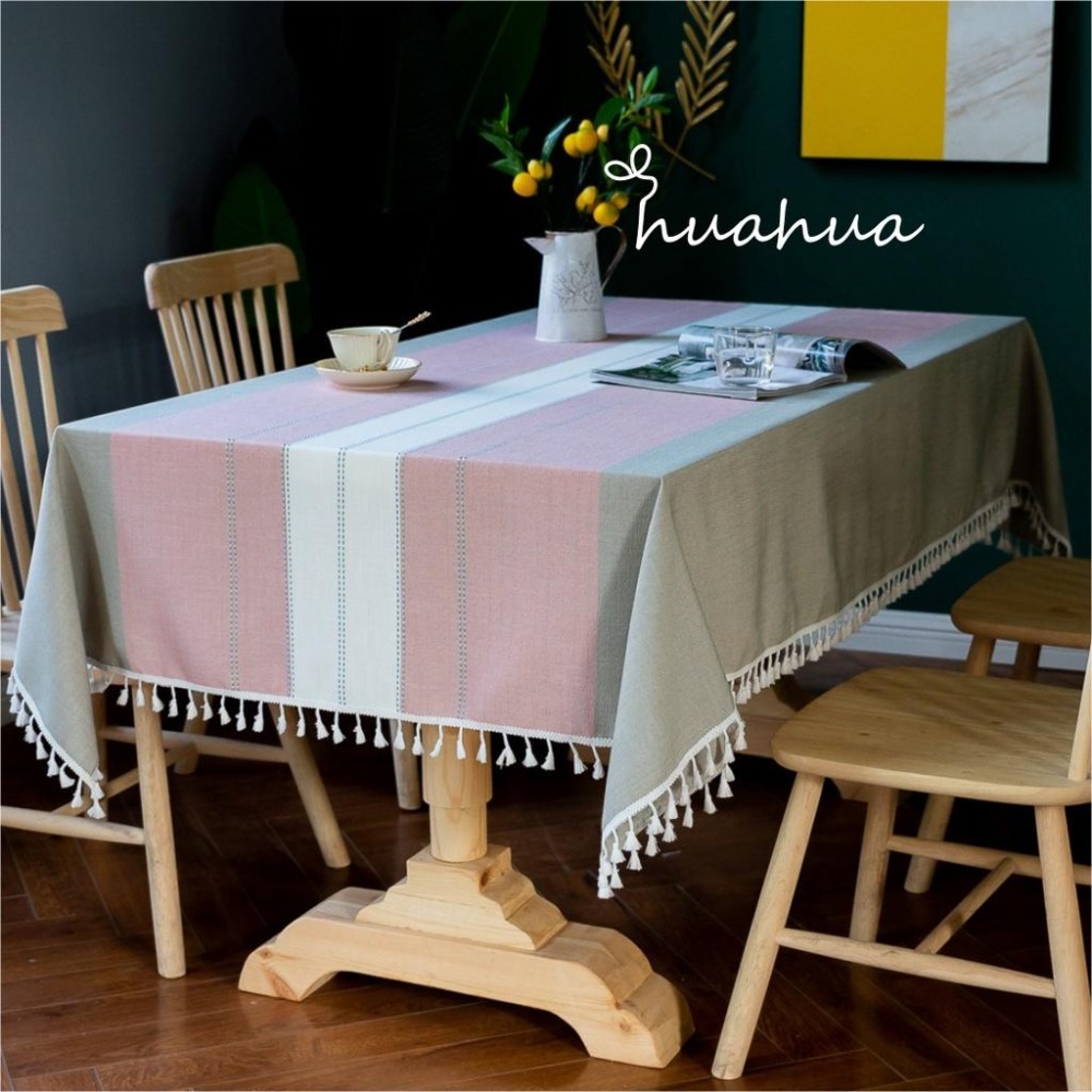 【HUAHUA】(二色可選)萊茵棉麻韓風桌巾  簡約拼色條紋餐桌布 百搭流蘇裝飾檯布 多用途防塵蓋巾-細節圖7