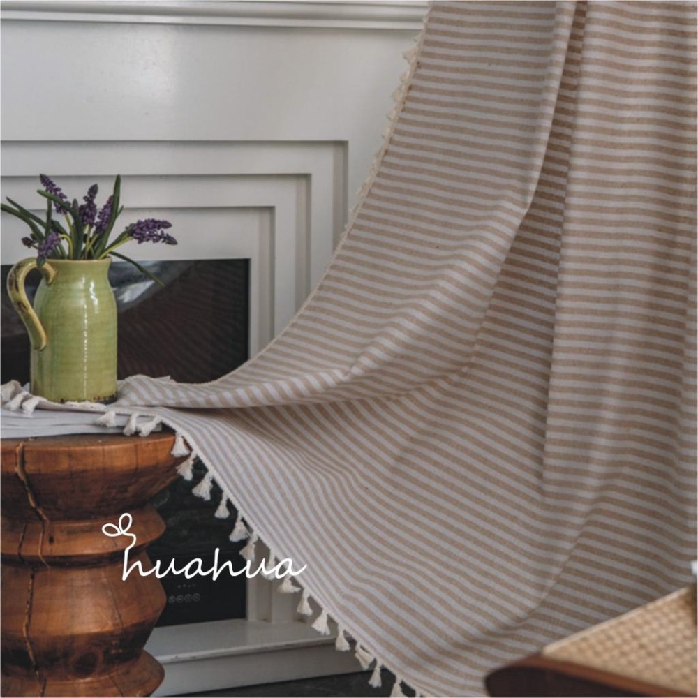 【HUAHUA】客製 窗簾 小窗簾 日式 簡約 純棉 條紋 棉麻 流蘇 美式鄉村 米色 咖啡色 復古 民宿 成品-細節圖2
