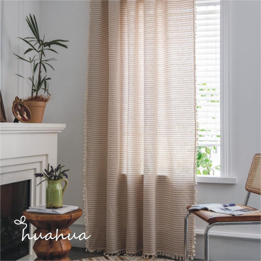 【HUAHUA】客製 窗簾 小窗簾 日式 簡約 純棉 條紋 棉麻 流蘇 美式鄉村 米色 咖啡色 復古 民宿 成品-細節圖3