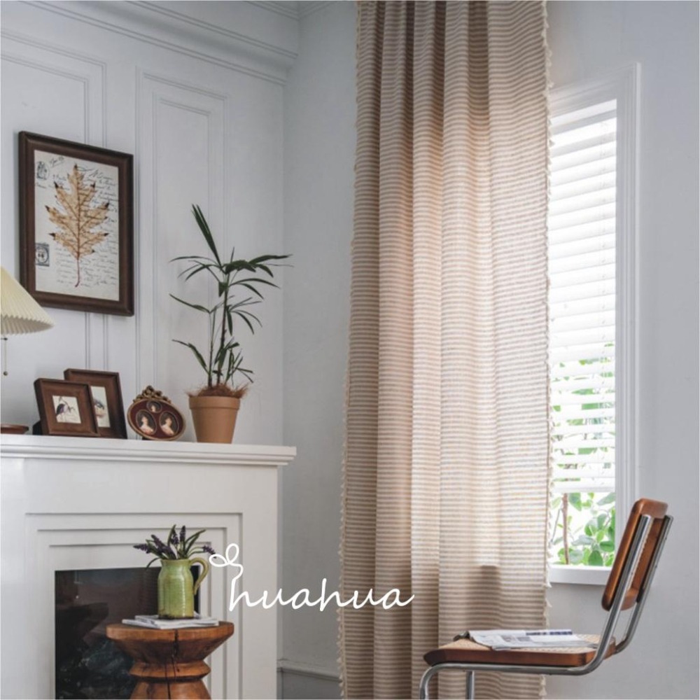 【HUAHUA】客製 窗簾 小窗簾 日式 簡約 純棉 條紋 棉麻 流蘇 美式鄉村 米色 咖啡色 復古 民宿 成品-細節圖4