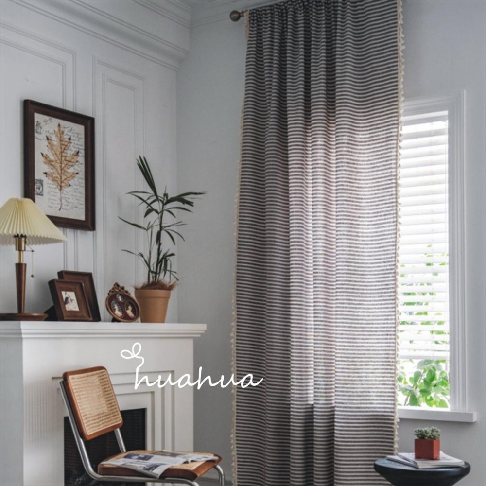 【HUAHUA】客製 窗簾 小窗簾 日式 簡約 純棉 條紋 棉麻 流蘇 美式鄉村 米色 咖啡色 復古 民宿 成品-細節圖8