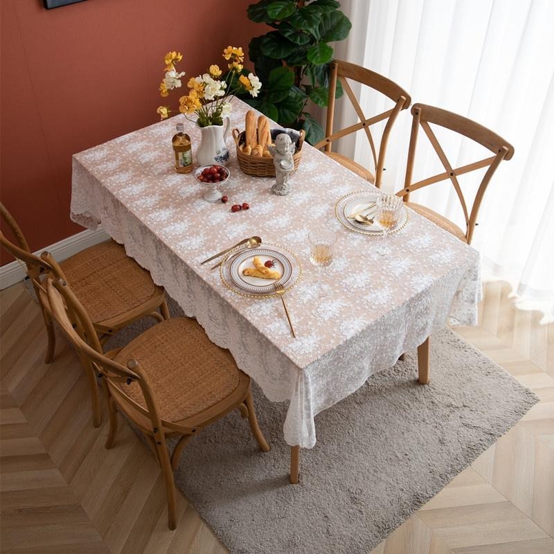 【HUAHUA】白色蕾絲繡花長方形餐桌布 米色法式浪漫桌布 蓋巾 婚禮裝飾 拍照背景布-細節圖2