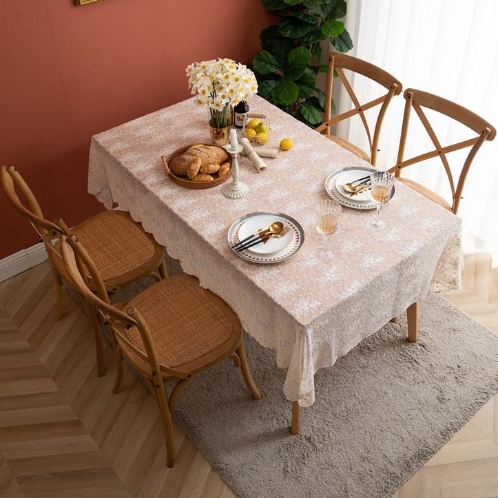 【HUAHUA】白色蕾絲繡花長方形餐桌布 米色法式浪漫桌布 蓋巾 婚禮裝飾 拍照背景布-細節圖4