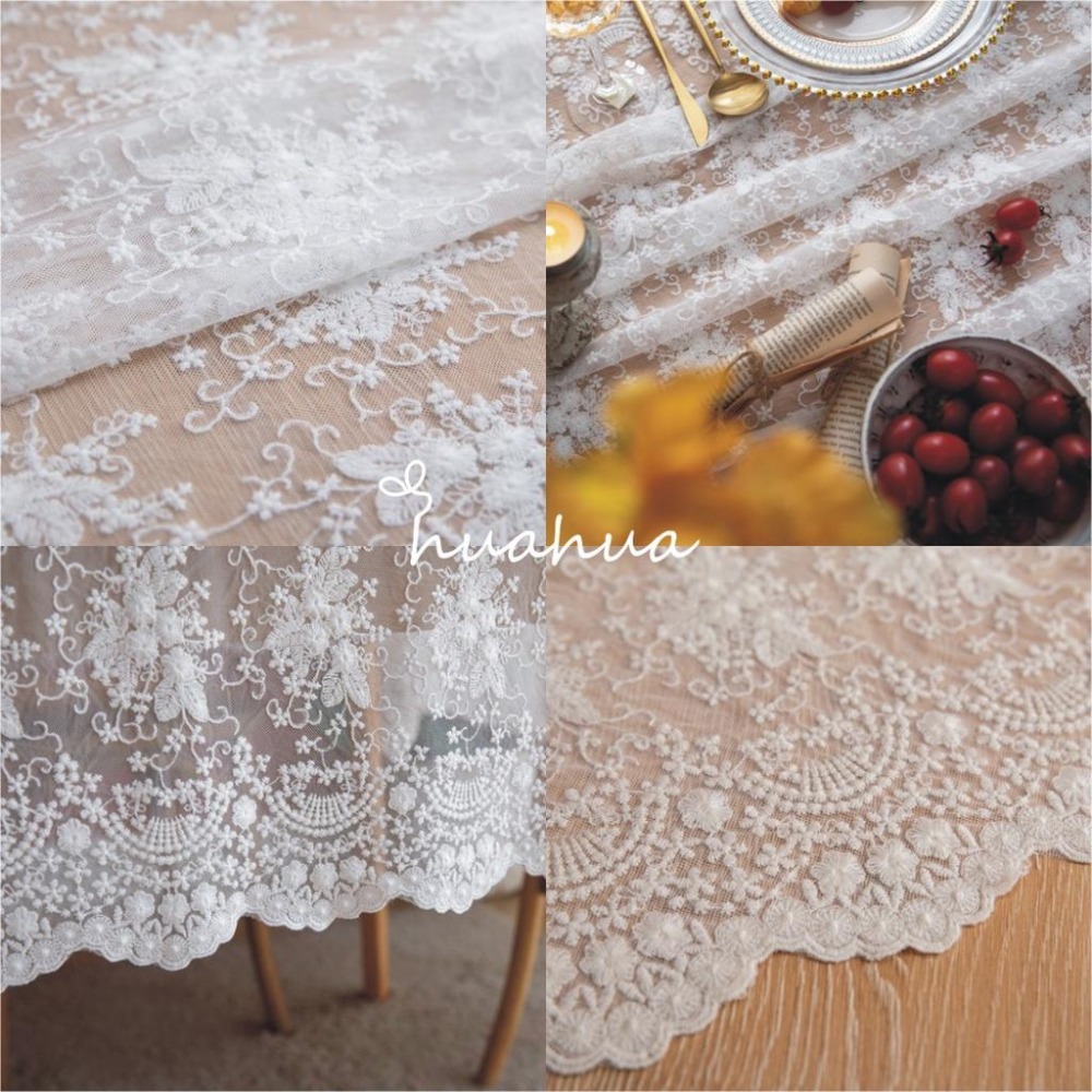 【HUAHUA】白色蕾絲繡花長方形餐桌布 米色法式浪漫桌布 蓋巾 婚禮裝飾 拍照背景布-細節圖5