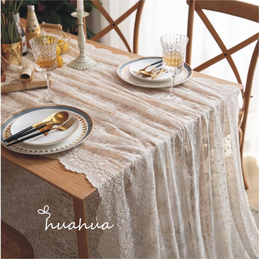 【HUAHUA】白色蕾絲繡花長方形餐桌布 米色法式浪漫桌布 蓋巾 婚禮裝飾 拍照背景布-細節圖6
