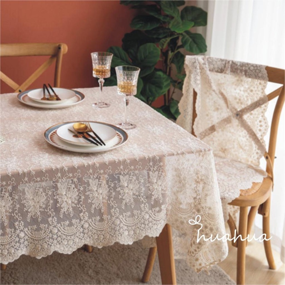 【HUAHUA】白色蕾絲繡花長方形餐桌布 米色法式浪漫桌布 蓋巾 婚禮裝飾 拍照背景布-細節圖7