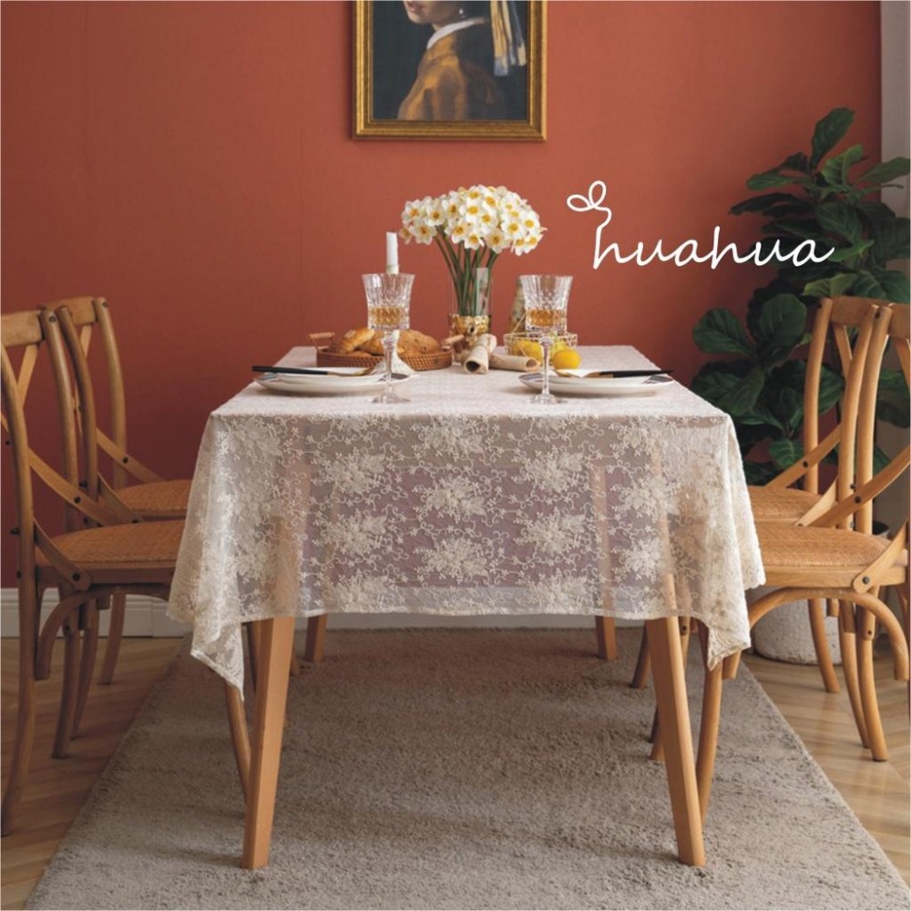 【HUAHUA】白色蕾絲繡花長方形餐桌布 米色法式浪漫桌布 蓋巾 婚禮裝飾 拍照背景布-細節圖8