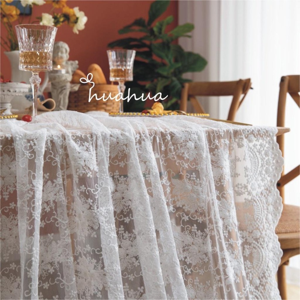 【HUAHUA】白色蕾絲繡花長方形餐桌布 米色法式浪漫桌布 蓋巾 婚禮裝飾 拍照背景布-細節圖9