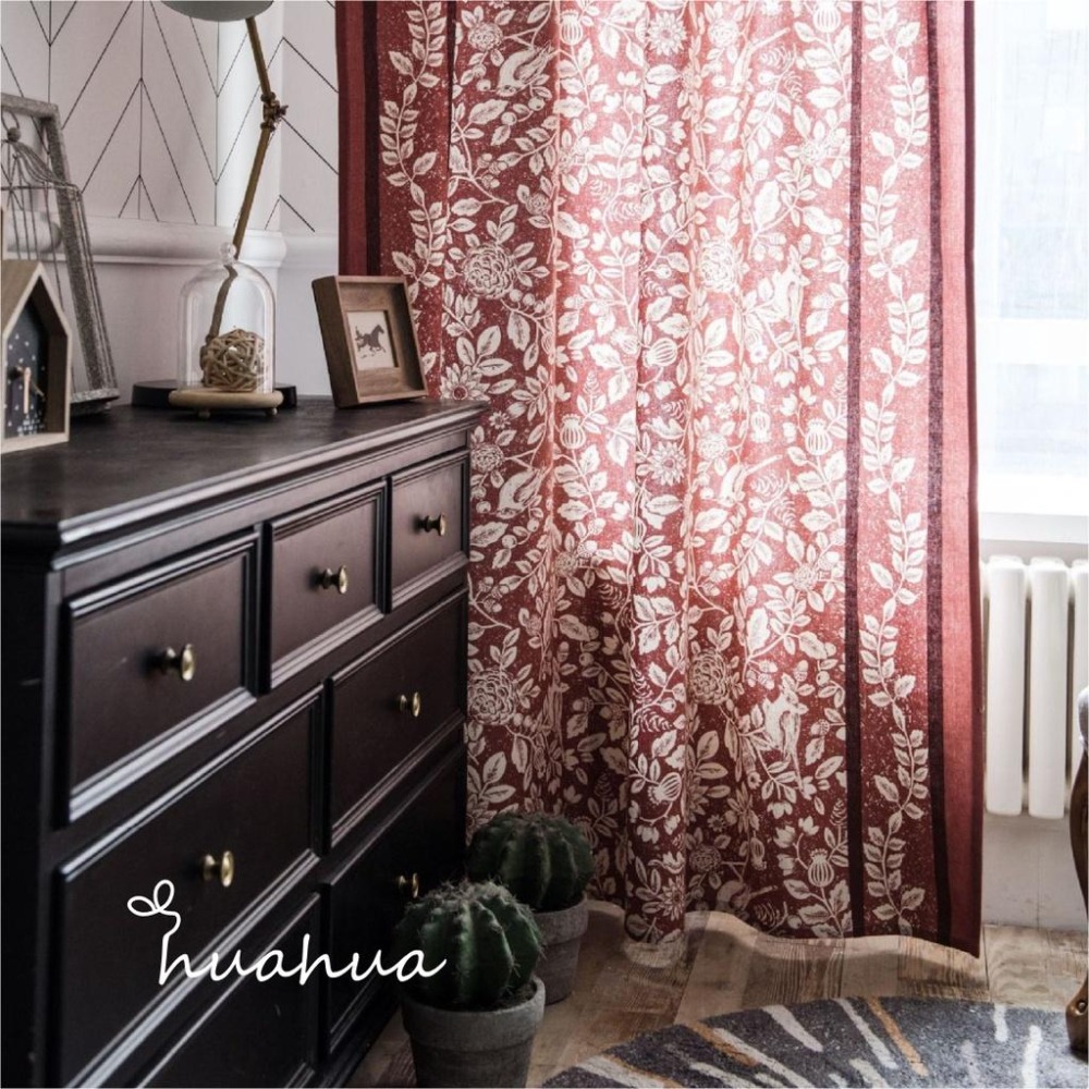 【HUAHUA】美式鄉村風仿棉麻廚房簾 橘色花鳥印花窗簾 飄窗窗簾 半遮光窗簾 成品-細節圖6