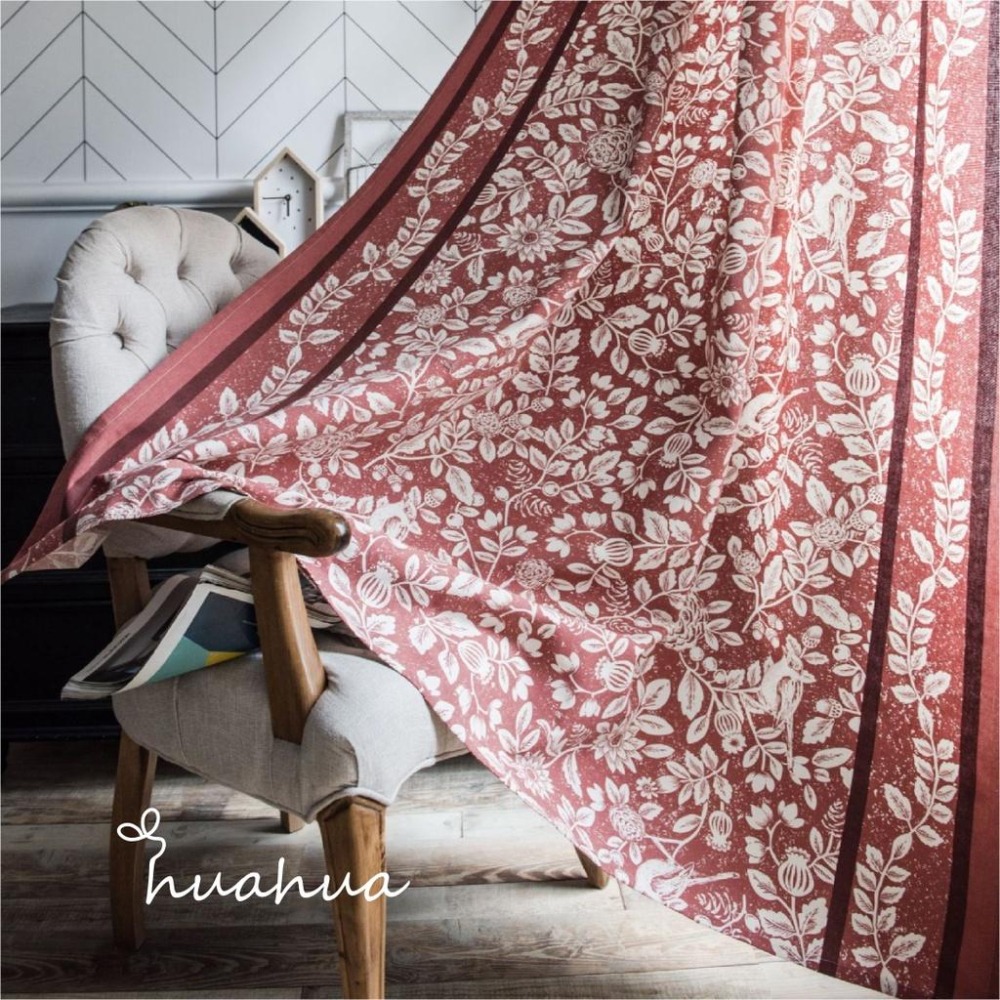 【HUAHUA】美式鄉村風仿棉麻廚房簾 橘色花鳥印花窗簾 飄窗窗簾 半遮光窗簾 成品-細節圖7