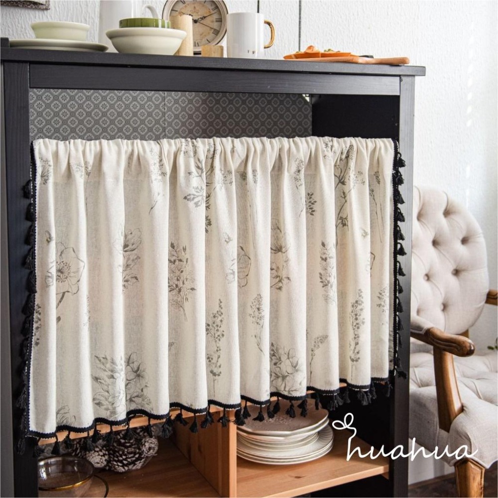 【HUAHUA】半簾 短簾 小窗簾 美式鄉村棉麻櫥櫃防塵簾 素色門簾 花朵印花咖啡簾 簡約廚房洗手檯防塵簾-細節圖2