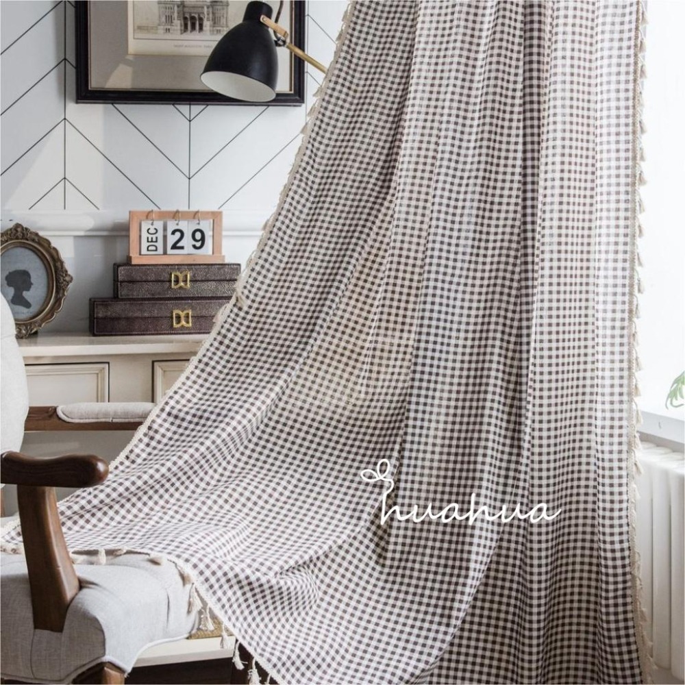 【HUAHUA】咖啡格子流蘇窗簾 臥室窗簾 客廳窗簾 成品 日式小窗廚房簾 簡約棉麻半遮光飄窗簾 單片-細節圖2