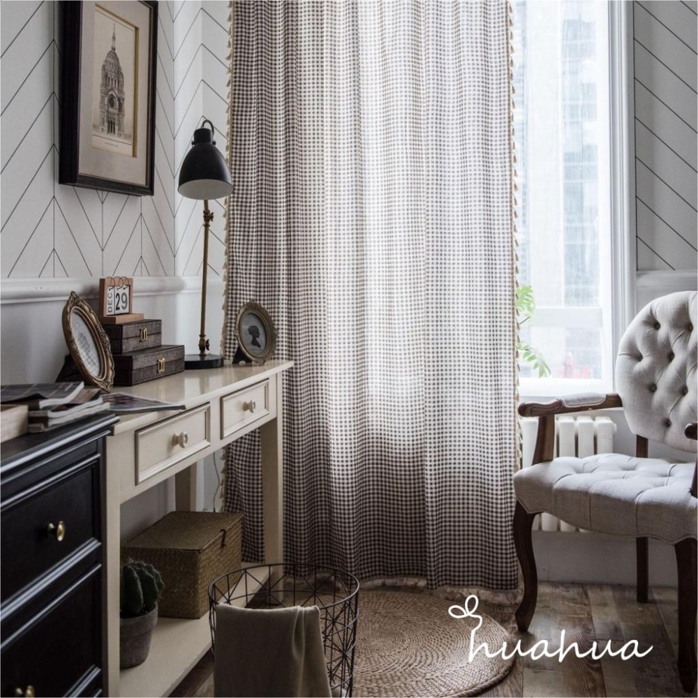 【HUAHUA】咖啡格子流蘇窗簾 臥室窗簾 客廳窗簾 成品 日式小窗廚房簾 簡約棉麻半遮光飄窗簾 單片-細節圖3