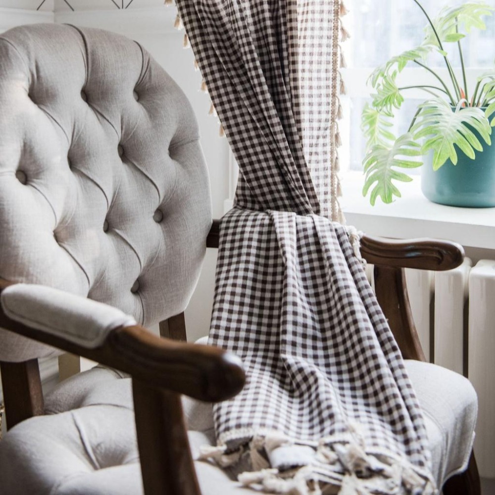 【HUAHUA】咖啡格子流蘇窗簾 臥室窗簾 客廳窗簾 成品 日式小窗廚房簾 簡約棉麻半遮光飄窗簾 單片-細節圖4