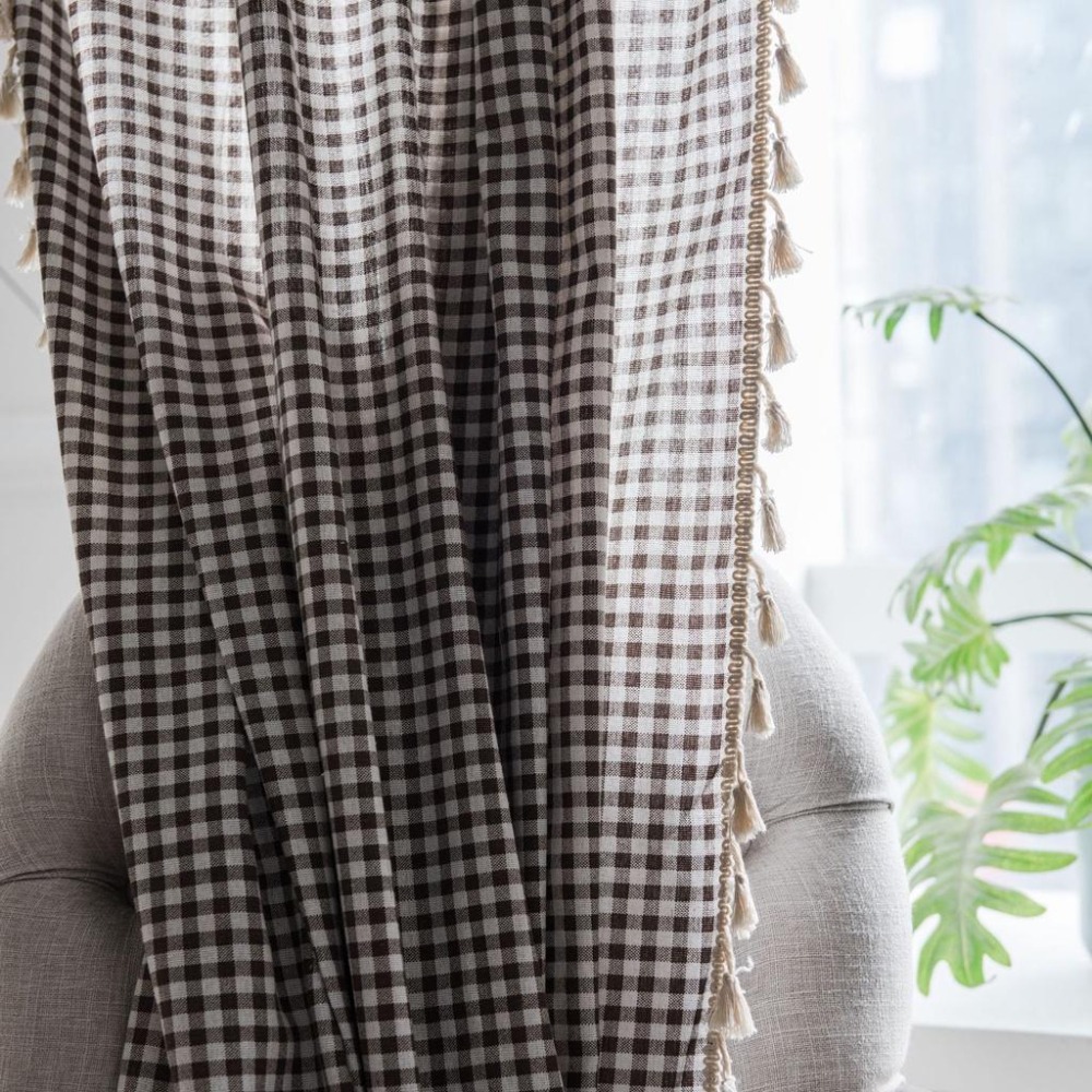 【HUAHUA】咖啡格子流蘇窗簾 臥室窗簾 客廳窗簾 成品 日式小窗廚房簾 簡約棉麻半遮光飄窗簾 單片-細節圖5