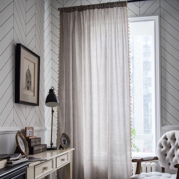 【HUAHUA】咖啡格子流蘇窗簾 臥室窗簾 客廳窗簾 成品 日式小窗廚房簾 簡約棉麻半遮光飄窗簾 單片-細節圖8