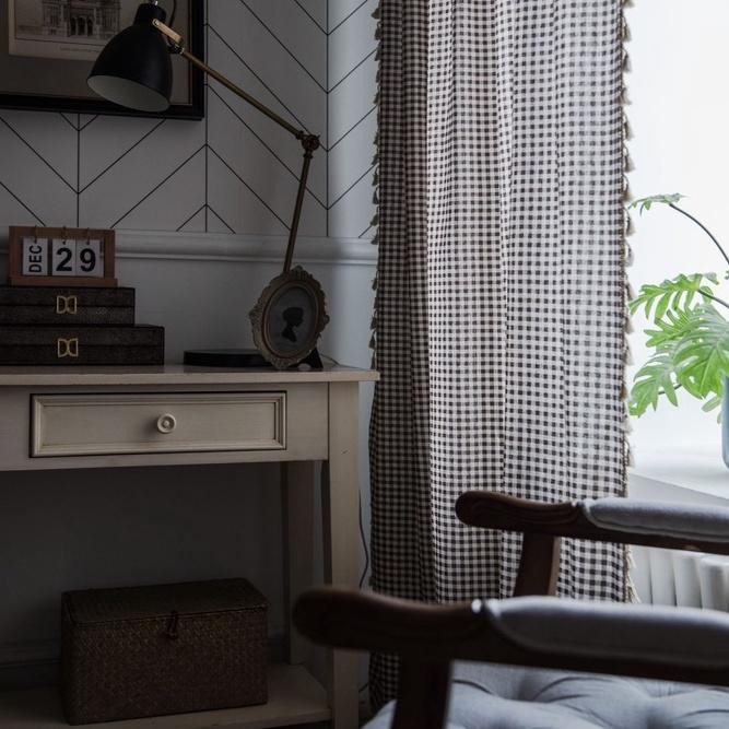 【HUAHUA】咖啡格子流蘇窗簾 臥室窗簾 客廳窗簾 成品 日式小窗廚房簾 簡約棉麻半遮光飄窗簾 單片-細節圖9