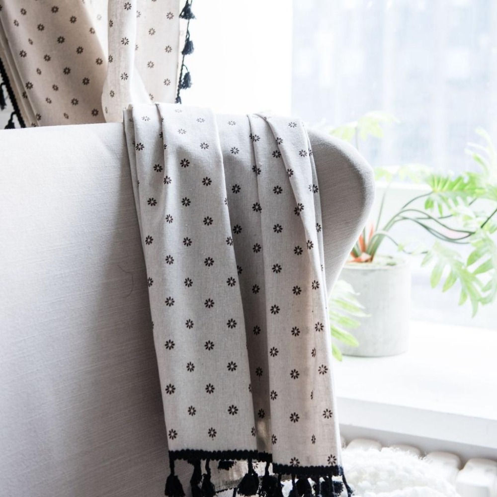 【HUAHUA】咖啡色雛菊印花窗簾 美式鄉村風窗簾 成品 黑色流蘇窗簾 韓式小窗廚房簾 棉麻 半遮光飄窗簾 隔斷簾-細節圖3