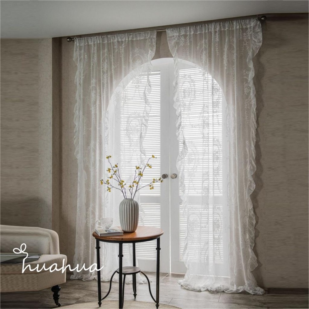 【HUAHUA】復古透光蕾絲紗簾 荷葉邊陽臺飄窗白紗隔斷波浪田園窗簾 法式白色蕾絲紗簾 白色荷葉邊裝飾簾-細節圖2