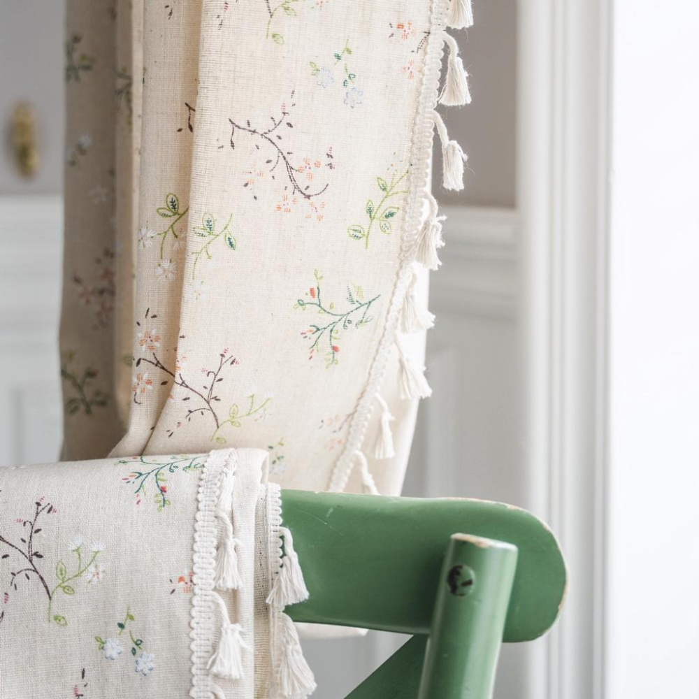 【HUAHUA】美式鄉村成品窗簾 森系印花米色流蘇小窗廚房簾 滌棉半遮光飄窗簾 棉麻鄉村風裝飾簾-細節圖6