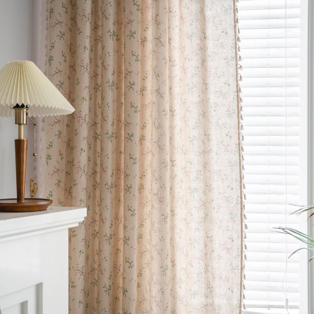 【HUAHUA】美式鄉村成品窗簾 森系印花米色流蘇小窗廚房簾 滌棉半遮光飄窗簾 棉麻鄉村風裝飾簾-細節圖7