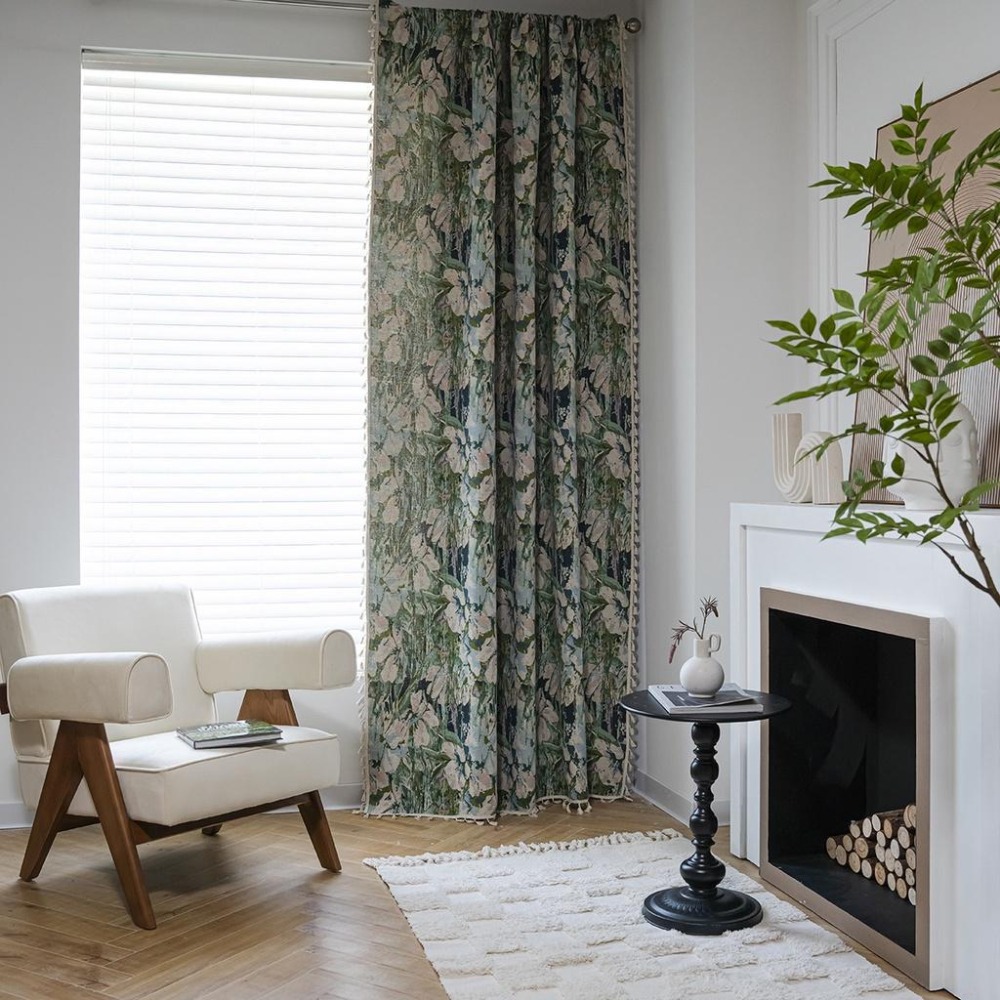 【HUAHUA】窗簾 提花小窗簾 厚實窗簾 綠色花朵窗簾 流蘇窗簾 成品 廚房簾 飄窗半遮光窗簾-細節圖3