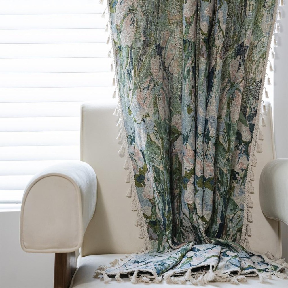 【HUAHUA】窗簾 提花小窗簾 厚實窗簾 綠色花朵窗簾 流蘇窗簾 成品 廚房簾 飄窗半遮光窗簾-細節圖4