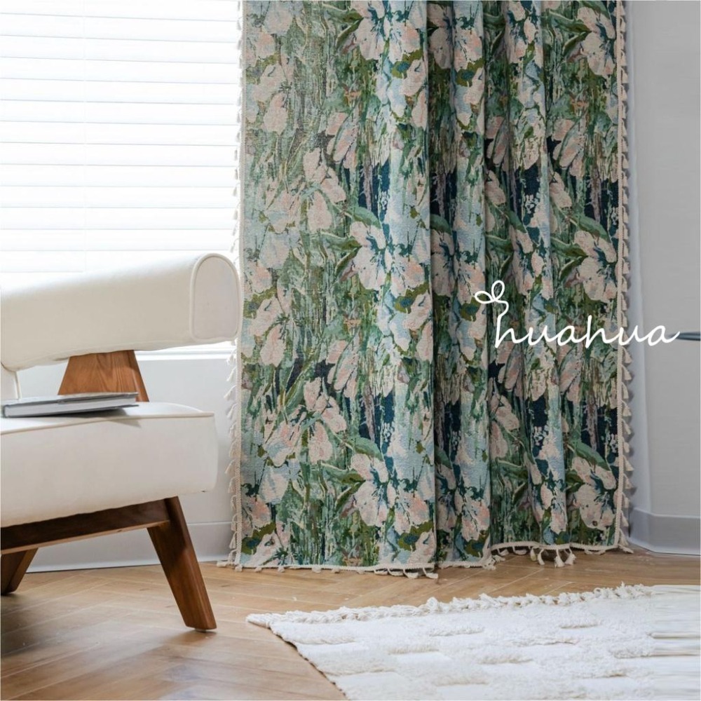 【HUAHUA】窗簾 提花小窗簾 厚實窗簾 綠色花朵窗簾 流蘇窗簾 成品 廚房簾 飄窗半遮光窗簾-細節圖5