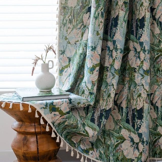 【HUAHUA】窗簾 提花小窗簾 厚實窗簾 綠色花朵窗簾 流蘇窗簾 成品 廚房簾 飄窗半遮光窗簾-細節圖7