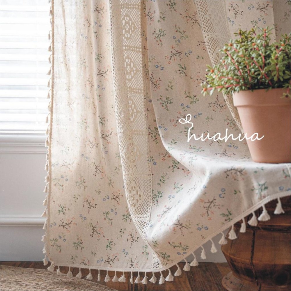 【HUAHUA】窗簾成品 絲絲小花印花拼接鉤針蕾絲窗簾 印花鏤空拼接美式廚房簾 仿棉麻半遮光窗簾 森系流蘇裝飾簾-細節圖2