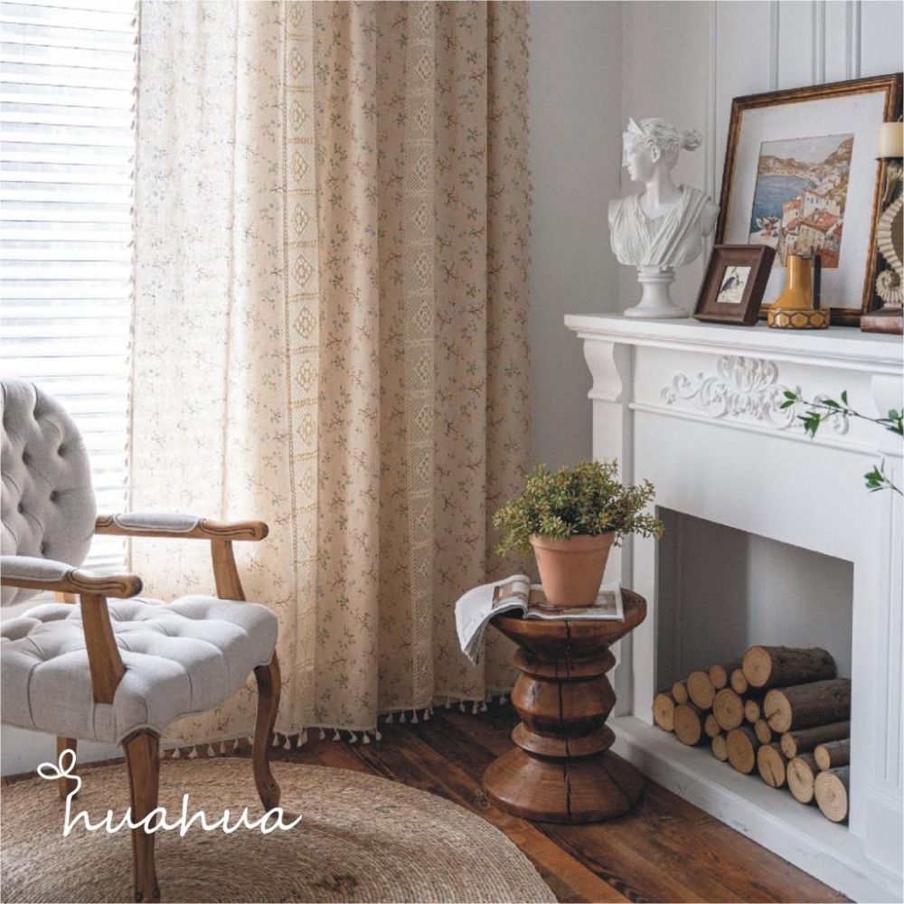 【HUAHUA】窗簾成品 絲絲小花印花拼接鉤針蕾絲窗簾 印花鏤空拼接美式廚房簾 仿棉麻半遮光窗簾 森系流蘇裝飾簾-細節圖3