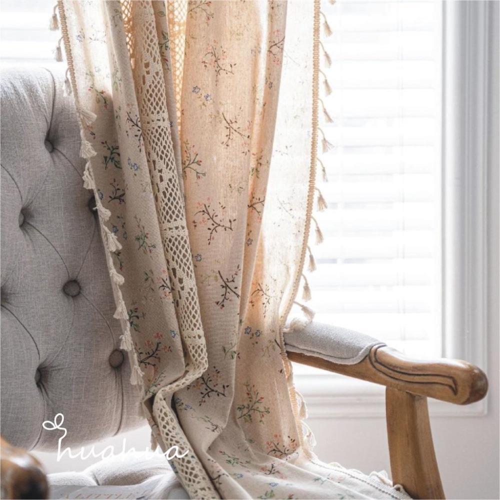 【HUAHUA】窗簾成品 絲絲小花印花拼接鉤針蕾絲窗簾 印花鏤空拼接美式廚房簾 仿棉麻半遮光窗簾 森系流蘇裝飾簾-細節圖4