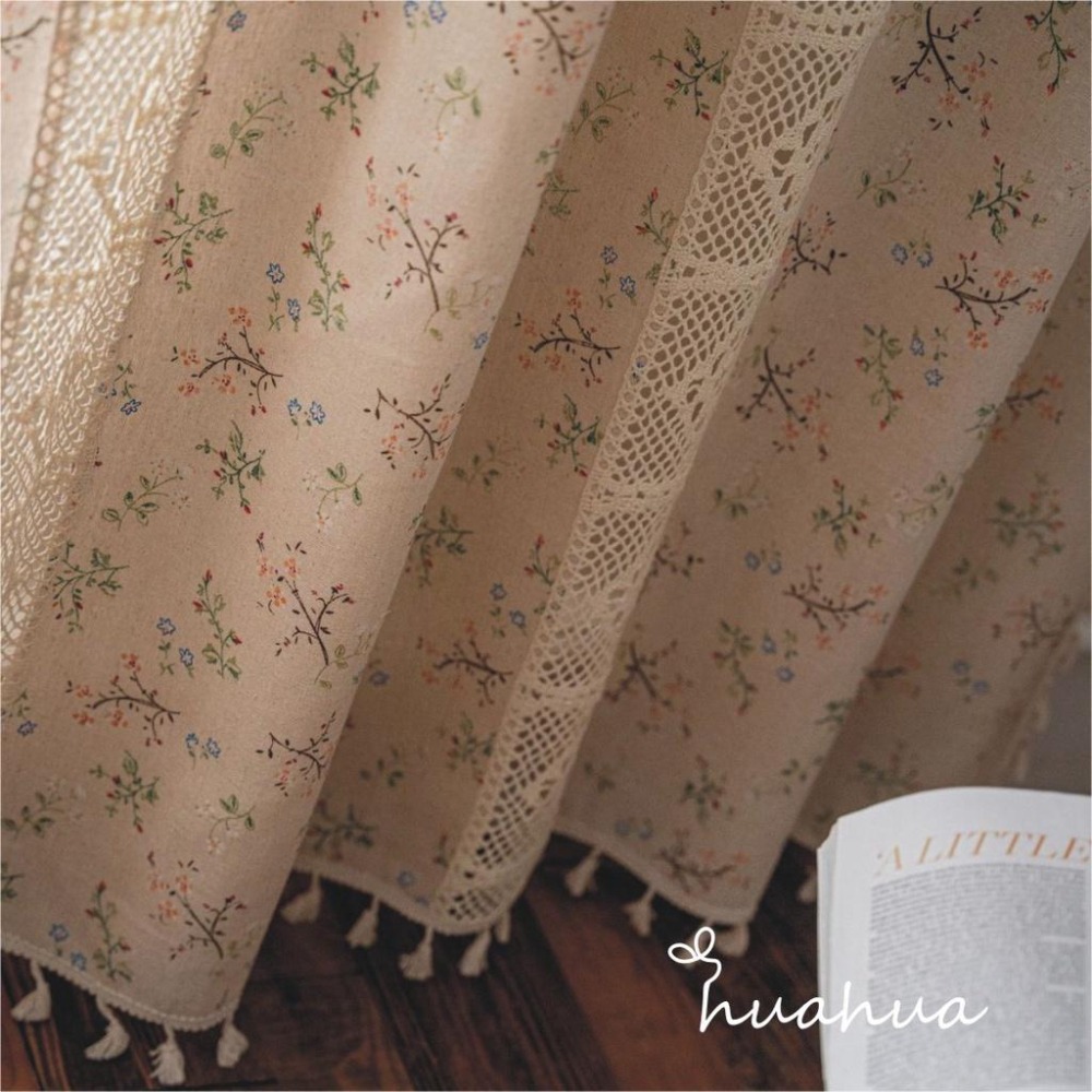 【HUAHUA】窗簾成品 絲絲小花印花拼接鉤針蕾絲窗簾 印花鏤空拼接美式廚房簾 仿棉麻半遮光窗簾 森系流蘇裝飾簾-細節圖5