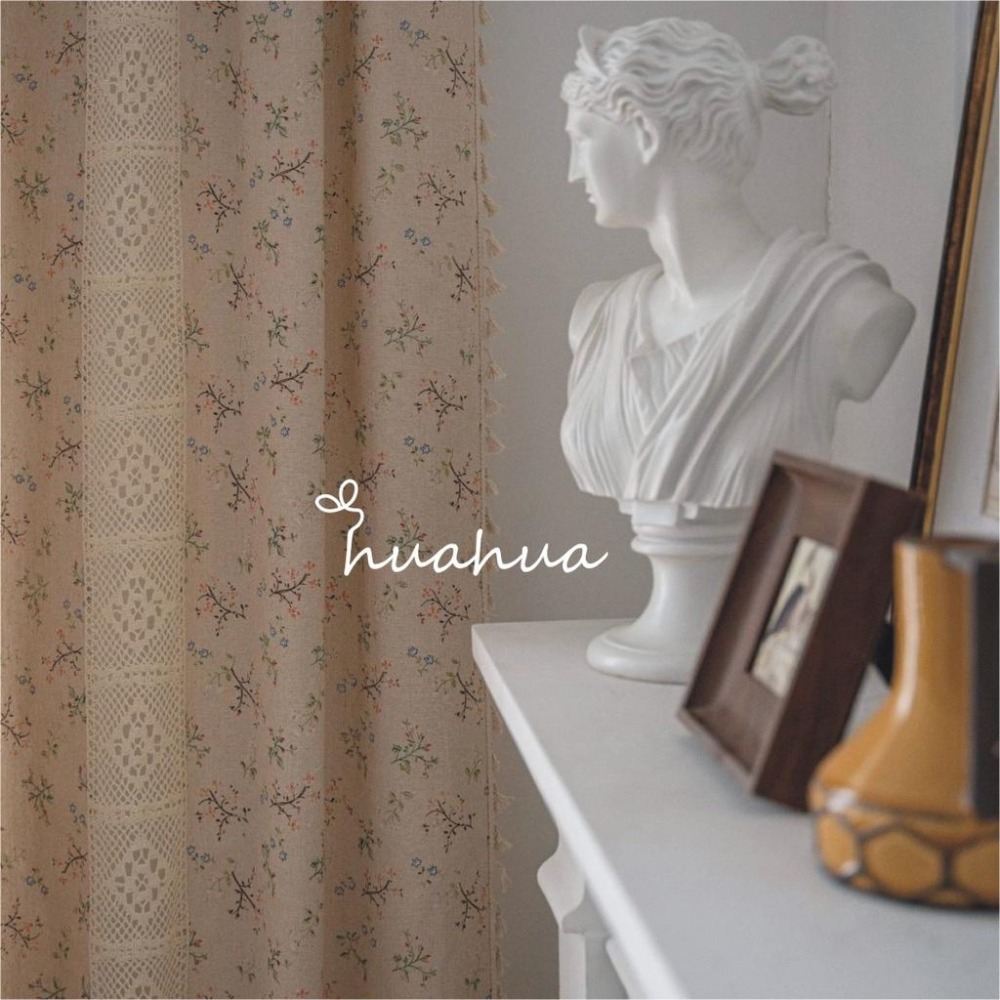 【HUAHUA】窗簾成品 絲絲小花印花拼接鉤針蕾絲窗簾 印花鏤空拼接美式廚房簾 仿棉麻半遮光窗簾 森系流蘇裝飾簾-細節圖8