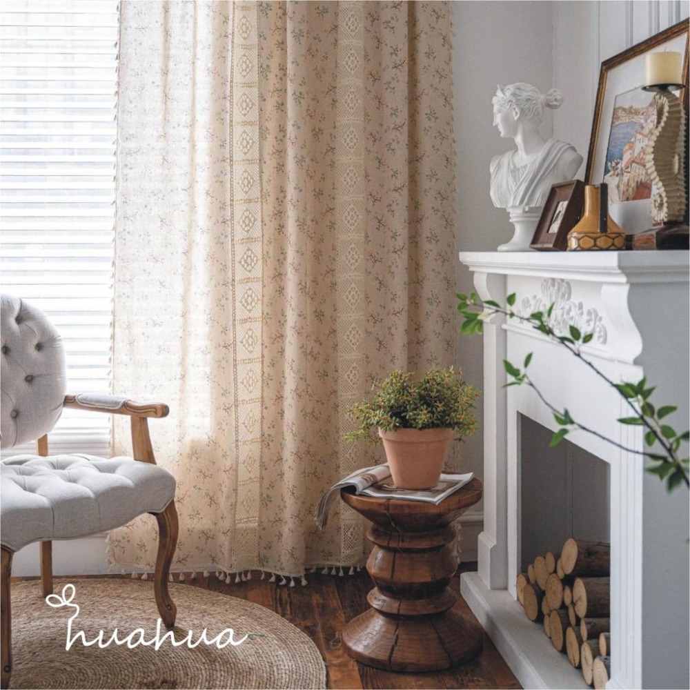 【HUAHUA】窗簾成品 絲絲小花印花拼接鉤針蕾絲窗簾 印花鏤空拼接美式廚房簾 仿棉麻半遮光窗簾 森系流蘇裝飾簾-細節圖9