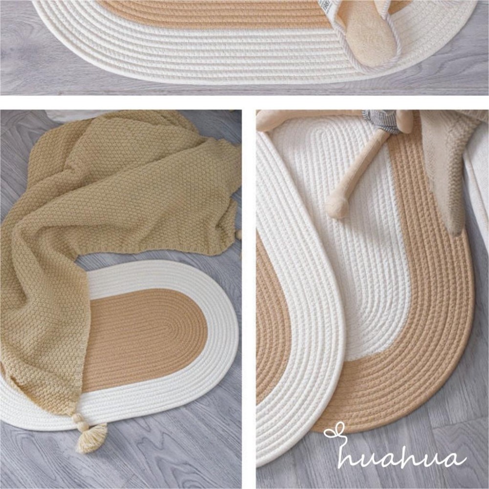【HUAHUA】日式無印風手工棉線地墊 森系臥室浴室門前吸水防滑地墊 簡約風客廳玄關家用橢圓形吸水墊-細節圖9
