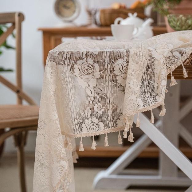 【HUAHUA】美式鄉村玫瑰花鉤針桌巾 田園風鉤針蓋巾 森系餐桌布 編織玫瑰花鏤空桌布 檯布 拍攝道具-細節圖9