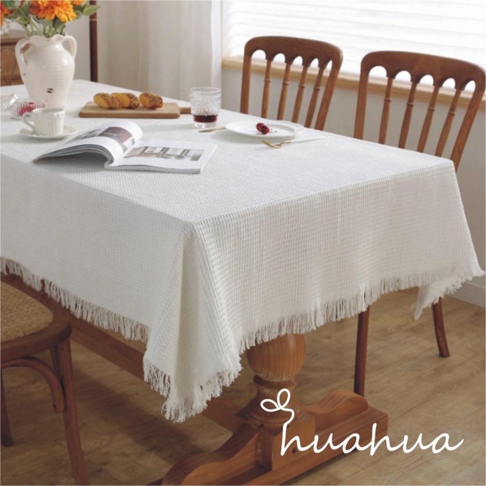 【HUAHUA】法式風桌布 白色 棉麻餐桌布 素色裝飾布 華夫格 棉線 長方形 桌布 法式餐桌布 多用途蓋巾-細節圖2