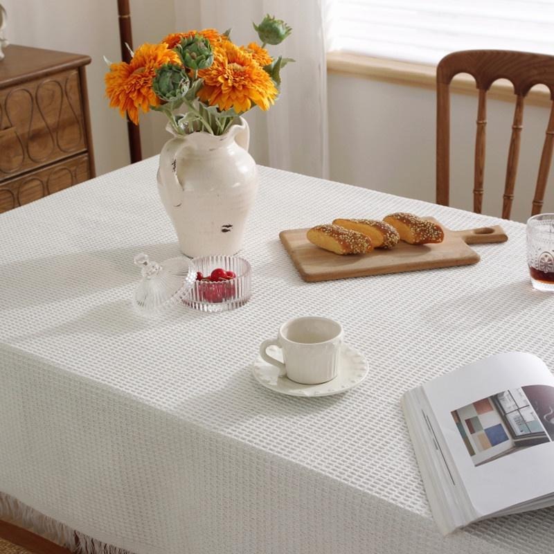 【HUAHUA】法式風桌布 白色 棉麻餐桌布 素色裝飾布 華夫格 棉線 長方形 桌布 法式餐桌布 多用途蓋巾-細節圖4
