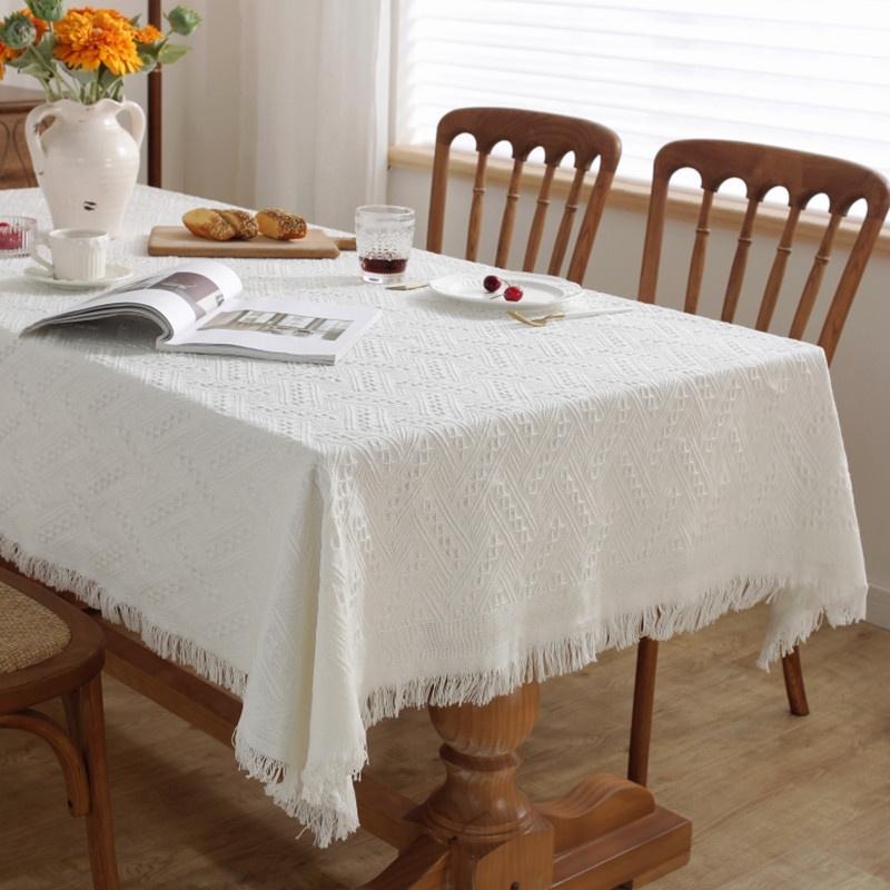 【HUAHUA】法式風桌布 白色 棉麻餐桌布 素色裝飾布 華夫格 棉線 長方形 桌布 法式餐桌布 多用途蓋巾-細節圖6