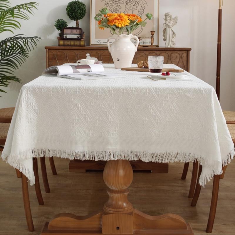 【HUAHUA】法式風桌布 白色 棉麻餐桌布 素色裝飾布 華夫格 棉線 長方形 桌布 法式餐桌布 多用途蓋巾-細節圖7