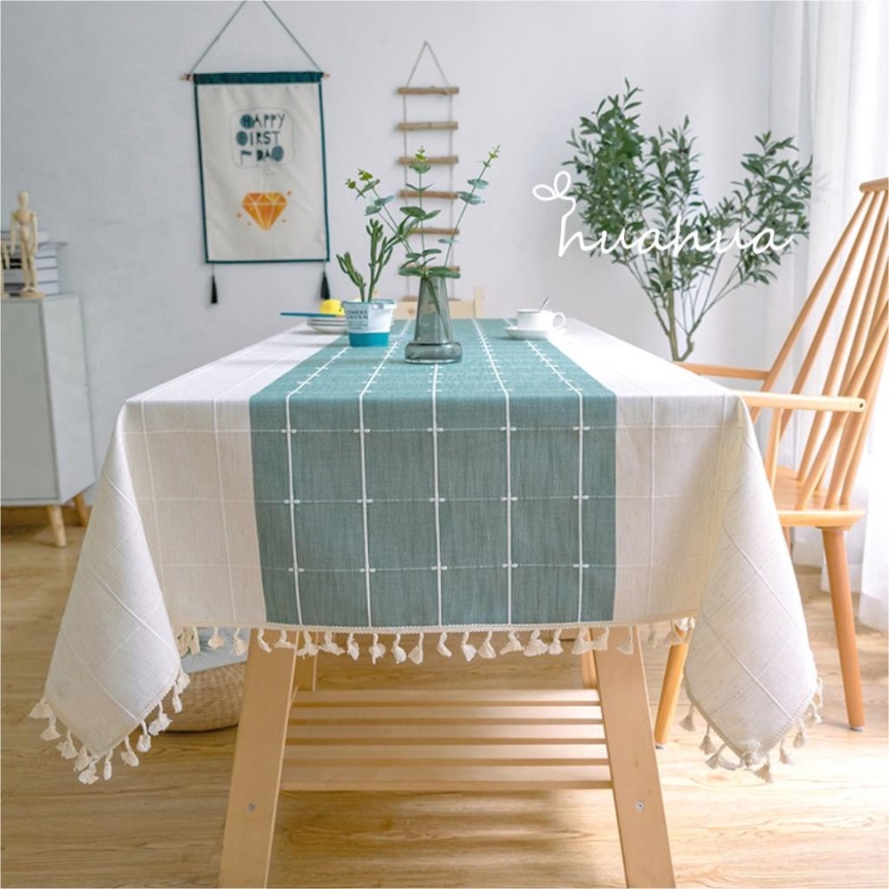 【HUAHUA】(二色可選)仿棉麻簡約現代條紋格子布藝桌巾 自帶桌旗桌布 清新流蘇裝飾桌布 多用途桌布 桌椅防塵布-細節圖2