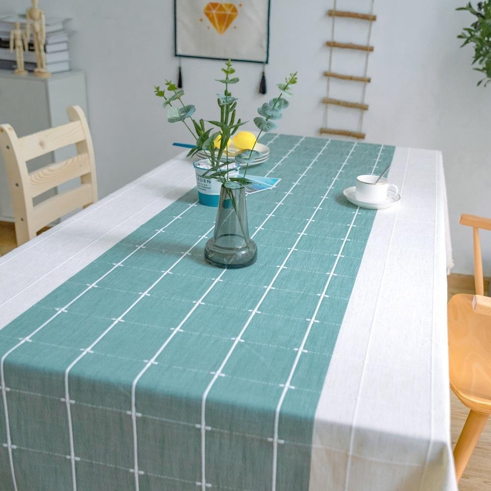 【HUAHUA】(二色可選)仿棉麻簡約現代條紋格子布藝桌巾 自帶桌旗桌布 清新流蘇裝飾桌布 多用途桌布 桌椅防塵布-細節圖5